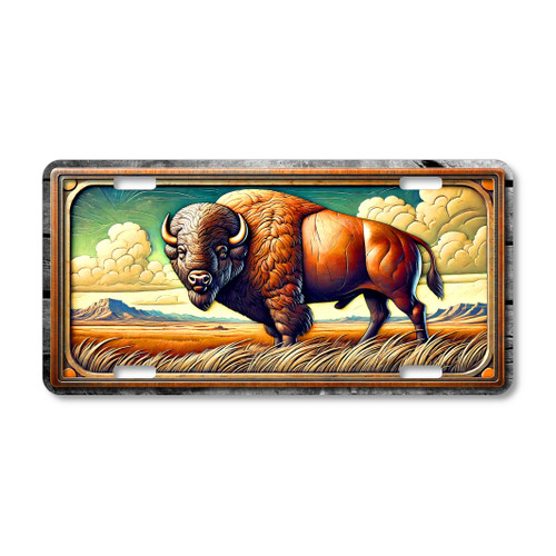 American bison plains landscape aluminum license plate featuring western wildlife artwork printed as a flat sublimated design on durable aluminum.