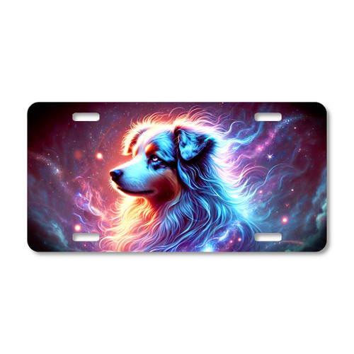 Cosmic Australian Shepherd spirit dog artwork printed on a flat sublimated aluminum license plate with glowing nebula colors and celestial background.