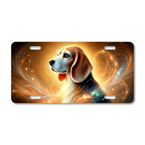 Glowing Beagle spirit dog artwork with golden celestial light printed on a flat sublimated aluminum license plate.