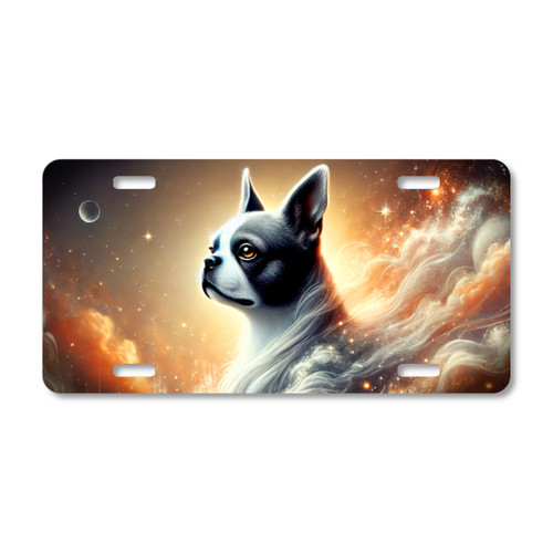 Boston Terrier spirit dog artwork with glowing celestial light and cosmic background printed on a flat sublimated aluminum license plate.