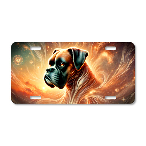 Boxer spirit dog artwork with glowing celestial light and swirling cosmic background printed on a flat sublimated aluminum license plate.