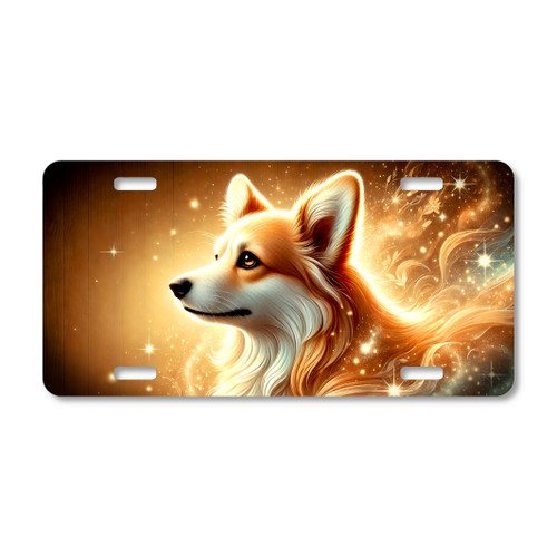 Corgi spirit dog artwork with glowing golden celestial light and soft cosmic background printed on a flat sublimated aluminum license plate.