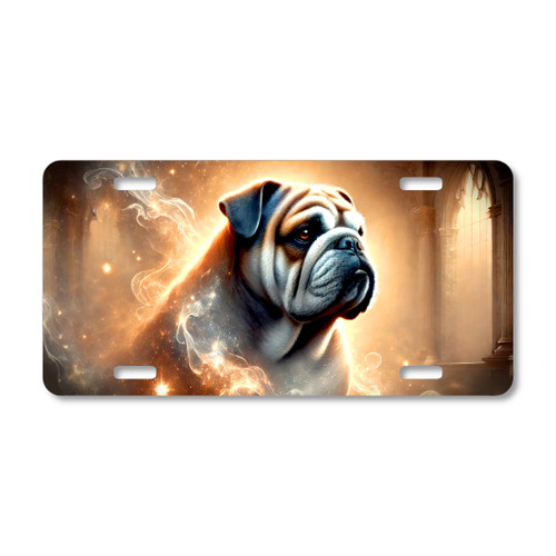 English Bulldog spirit dog artwork with glowing celestial light and warm cosmic background printed on a flat sublimated aluminum license plate.
