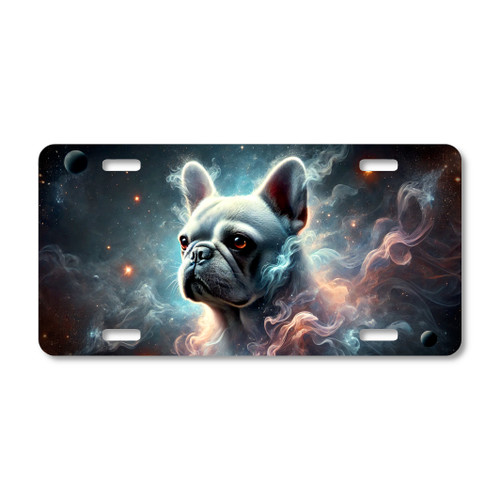 French Bulldog spirit dog artwork with glowing cosmic mist and celestial space background printed on a flat sublimated aluminum license plate.
