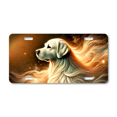 Labrador Retriever spirit artwork with flowing golden cosmic light and warm celestial background printed on a flat sublimated aluminum license plate.