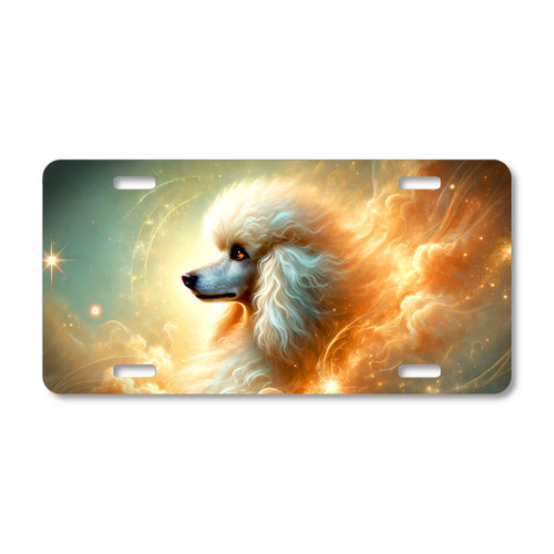 Poodle spirit artwork with flowing cosmic clouds, glowing light, and celestial background printed on a flat sublimated aluminum license plate.