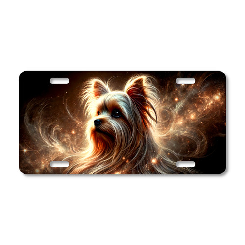Yorkshire Terrier spirit artwork with flowing golden fur, warm cosmic light, and celestial stardust printed on a flat sublimated aluminum license plate.
