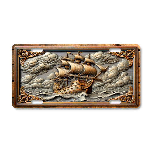 Magnificent sailing ship license plate featuring a classic tall ship sailing through rough ocean waves with ornate vintage nautical framing, printed on aluminum.