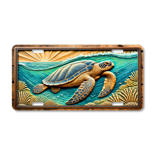 Sea turtle swimming over a coral reef illustrated on a 12x6 aluminum license plate, featuring ocean waves and detailed marine life artwork.