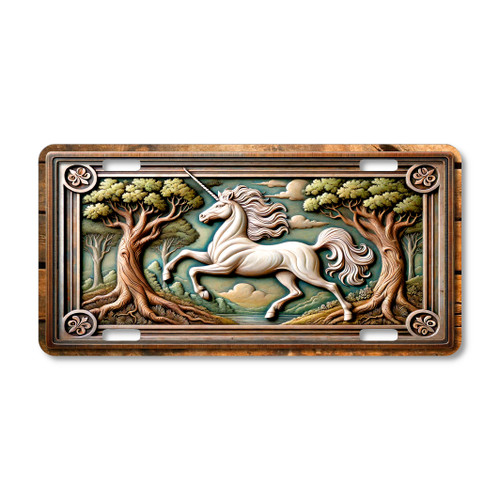 White unicorn running through a forest clearing illustrated on a 12x6 aluminum license plate, featuring fantasy woodland artwork.