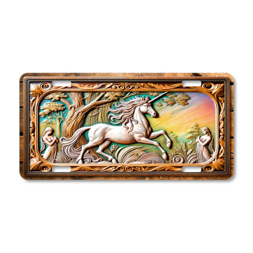 White unicorn running through an enchanted forest scene illustrated on a 12x6 aluminum license plate with fantasy woodland artwork.