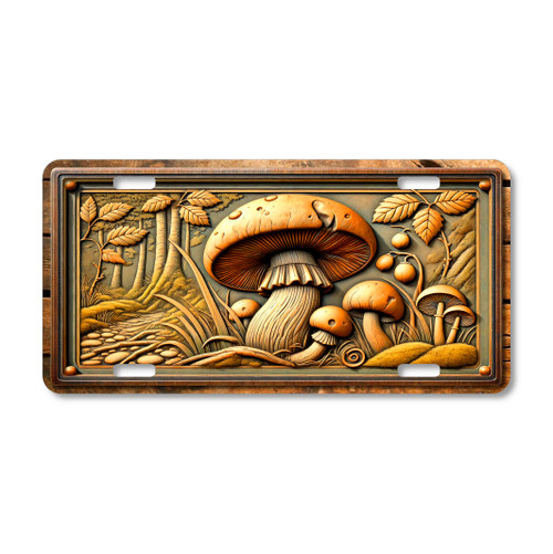 Forest mushroom patch with leaves and woodland path illustrated on a 12x6 aluminum license plate.