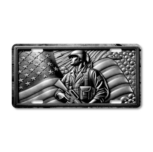 Proud soldier standing with American flag illustrated on a black and white aluminum license plate.