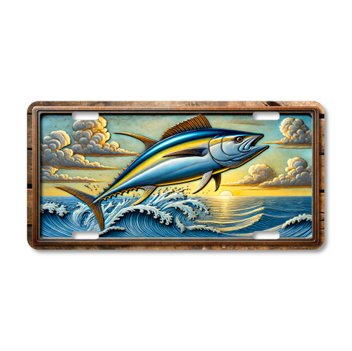 Aluminum license plate featuring a yellowfin tuna leaping from ocean waves at sunrise, offshore saltwater fishing artwork printed on metal.