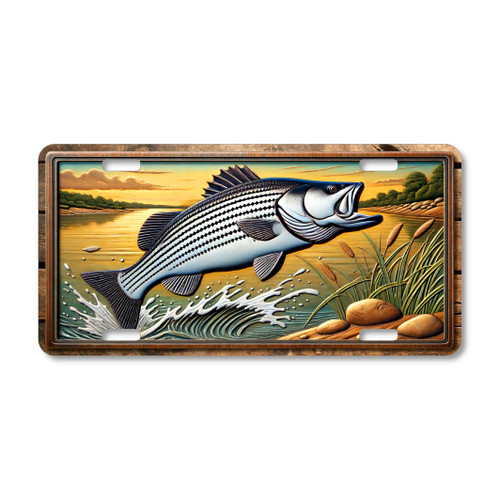 Fishing license plate featuring a striped bass leaping from calm water, printed on aluminum.