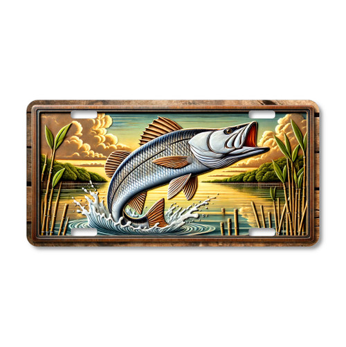 Fishing license plate featuring a snook leaping from calm coastal water, printed on aluminum.