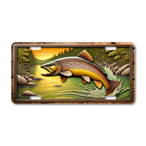 Fishing license plate featuring a brown trout leaping from a river with rocks and forested banks, printed on aluminum in warm freshwater tones.