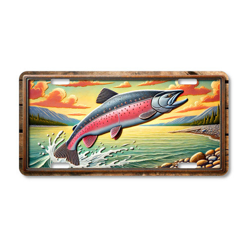 Fishing license plate featuring an Arctic char leaping from a scenic lake with mountains and shoreline, printed on aluminum in vibrant color.