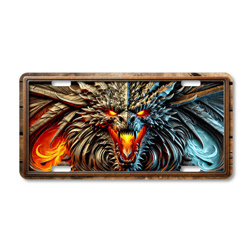 Fire and ice dragon license plate featuring aggressive fantasy creature artwork with detailed scales, horns, and glowing eyes printed on aluminum license plate.