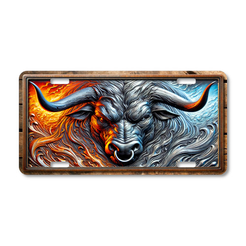 Fire and ice bull license plate featuring powerful western livestock artwork with detailed horns and fur textures printed on aluminum license plate.