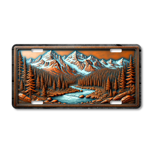 Rocky Mountains alpine river aluminum license plate featuring snow peak mountains, pine forest valley, and flowing mountain river landscape artwork.