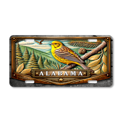 Alabama Yellowhammer state bird forest mountain license plate featuring detailed yellow songbird artwork on aluminum with pine branch and evergreen landscape background.
