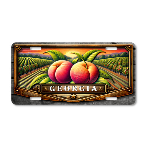Georgia peach orchard sunset license plate featuring detailed ripe peaches with Southern farm orchard rows and warm sunset sky background on aluminum plate.