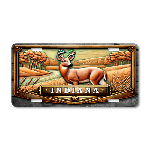 Indiana whitetail deer river field license plate featuring detailed deer artwork with Midwestern River bend, autumn trees, and tall field grass background on aluminum plate.