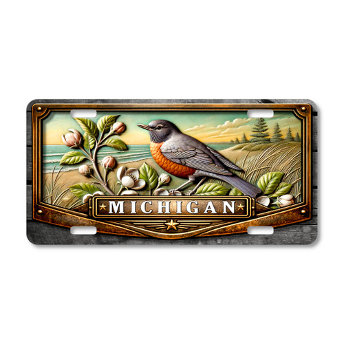 Michigan American robin state bird license plate featuring detailed robin artwork perched near Great Lakes shoreline flowers and coastal vegetation on aluminum plate.
