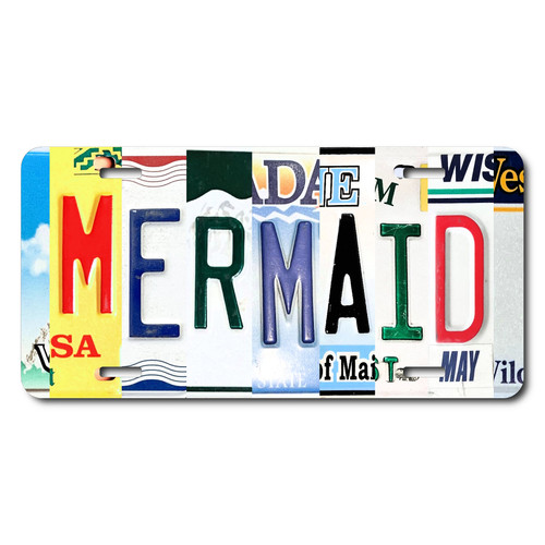 MERMAID license plate featuring colorful letter art design in rustic embossed-look artwork on aluminum.