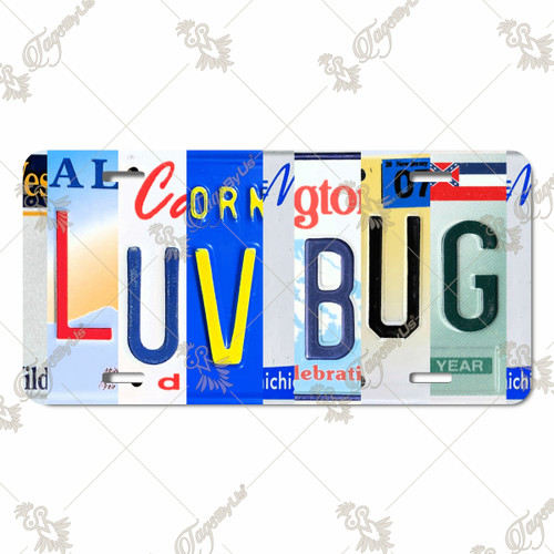 LUV BUG license plate featuring colorful letter art design in rustic embossed-look artwork on aluminum.
