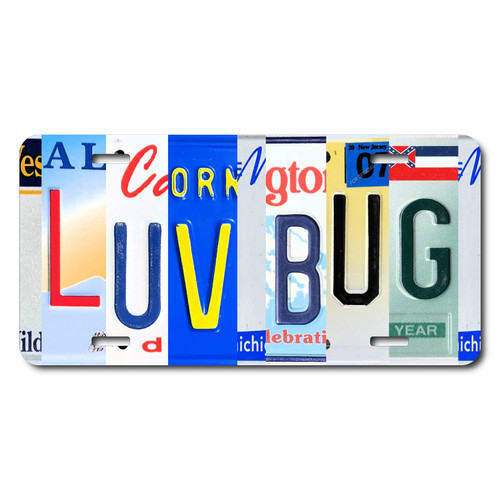 LUV BUG license plate featuring colorful letter art design in rustic embossed-look artwork on aluminum.