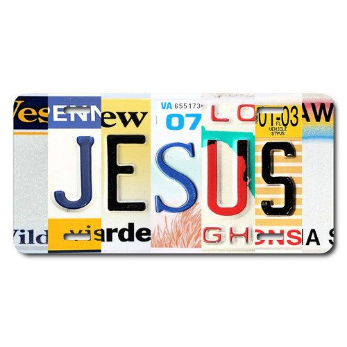 JESUS license plate featuring colorful letter art design in rustic embossed-look artwork on aluminum