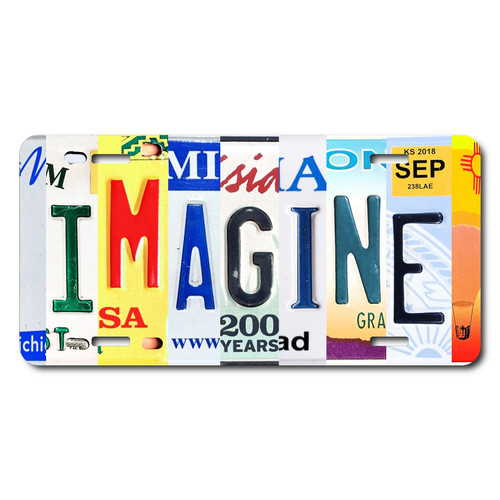 IMAGINE license plate featuring colorful collage of letters in rustic embossed-look artwork on aluminum.