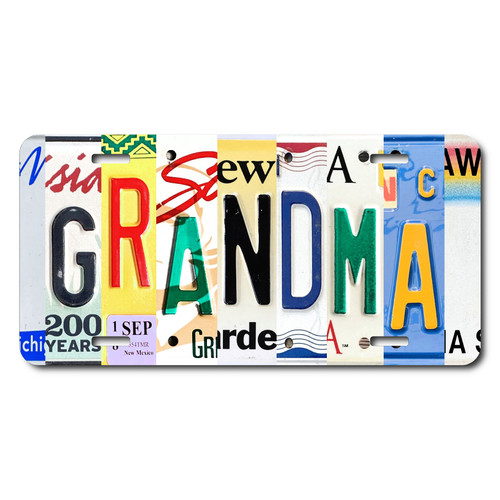 GRANDMA license plate featuring rustic letter collage art design in bold multicolor tones on aluminum.