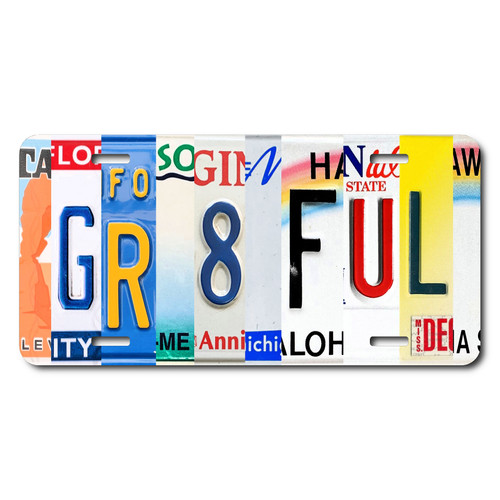 GR8FUL license plate featuring rustic letter collage art design on aluminum in bold multicolor tones.