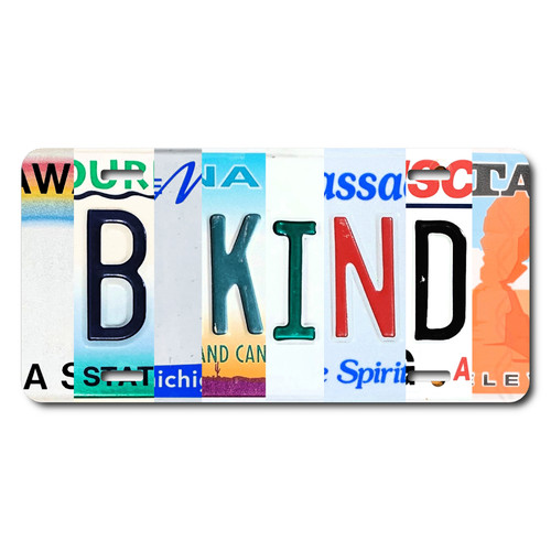 B KIND license plate featuring rustic letter collage art design in multicolor tones on aluminum.