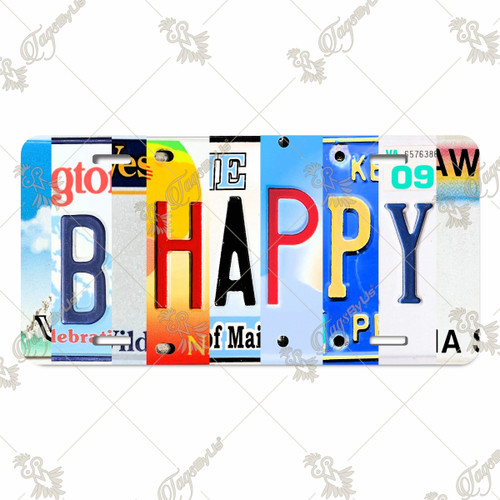 B HAPPY license plate featuring rustic letter collage art design in multicolor tones on aluminum.