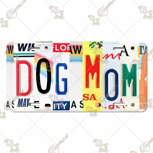 DOG MOM license plate featuring rustic letter collage art design in multicolor tones on aluminum. DOG MOM license plate featuring rustic letter collage art design in multicolor tones on aluminum.