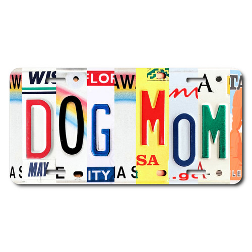 DOG MOM license plate featuring rustic letter collage art design in multicolor tones on aluminum.