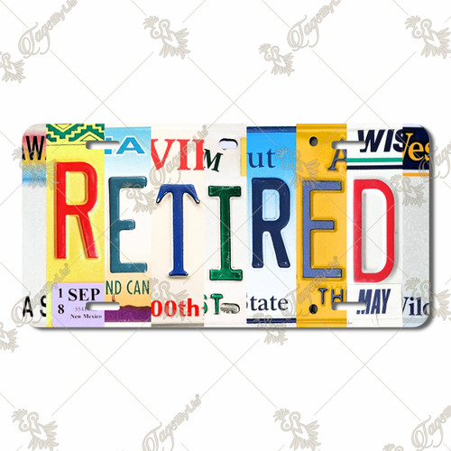 Retired license plate featuring colorful letter-art collage design in rustic embossed-look style on aluminum. Retired license plate featuring colorful letter-art collage design in rustic embossed-look style on aluminum.