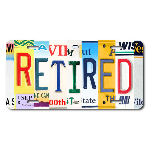 Retired license plate featuring colorful letter-art collage design in rustic embossed-look style on aluminum.