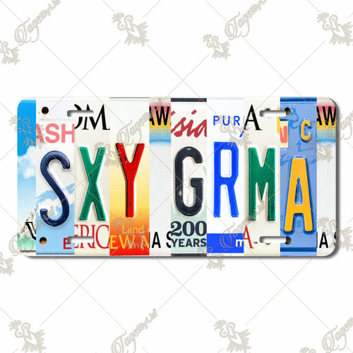 Sexy Grandma license plate featuring colorful rustic letter-art collage design on aluminum.