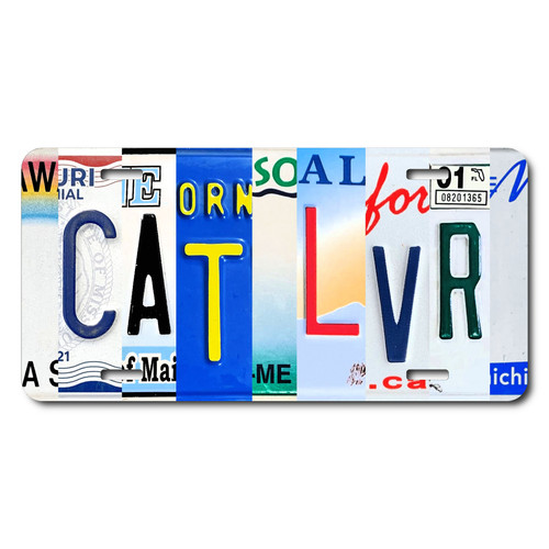 Cat Lover license plate featuring rustic letter-art collage design in colorful tones on aluminum.