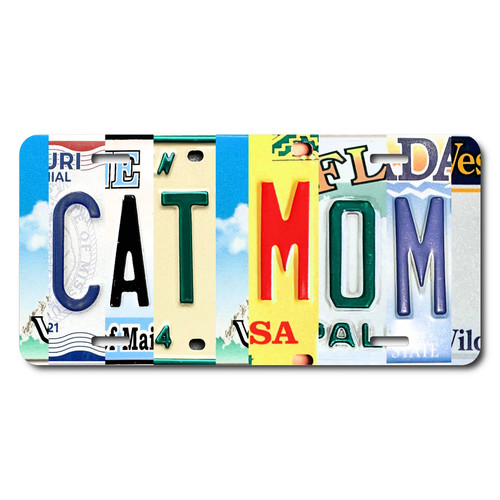 Cat Mom license plate featuring rustic letter-art collage design in colorful tones on aluminum.