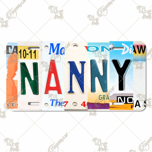 Nanny license plate featuring colorful rustic letter-art collage design on aluminum.