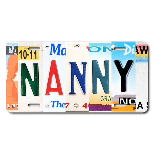 Nanny license plate featuring colorful rustic letter-art collage design on aluminum.
