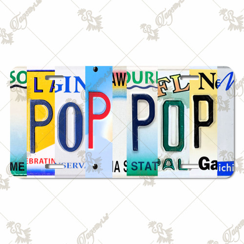 Pop Pop license plate featuring colorful rustic letter-art collage design on aluminum. Pop Pop license plate featuring colorful rustic letter-art collage design on aluminum.
