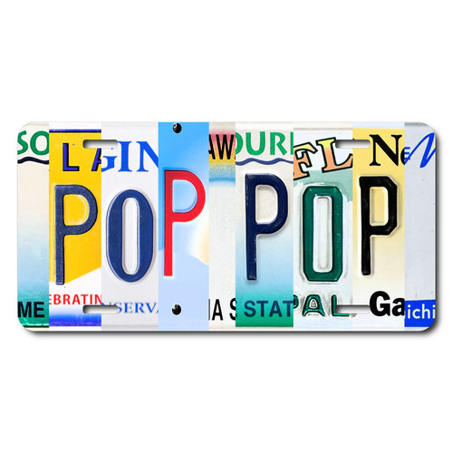 Pop Pop license plate featuring colorful rustic letter-art collage design on aluminum.