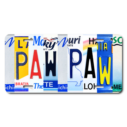 Paw Paw license plate featuring colorful rustic letter-art collage design on aluminum.